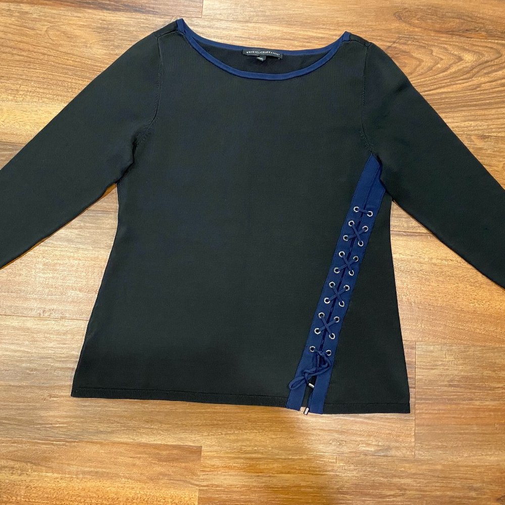 WHBM Black and Navy Top w Tie Lace Up Detail Size Large
